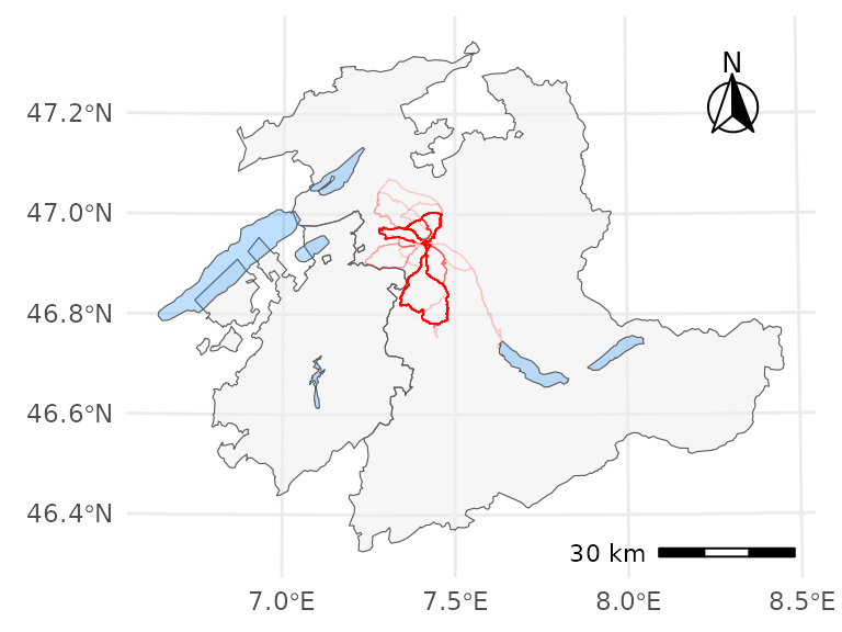 Geographic track data (in red) on a map of cantons Berne and Fribourg