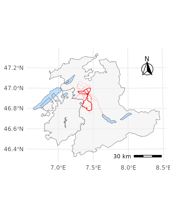 \label{fig-tracks-map}Geographic track data (in red) on a map of cantons Berne and Fribourg