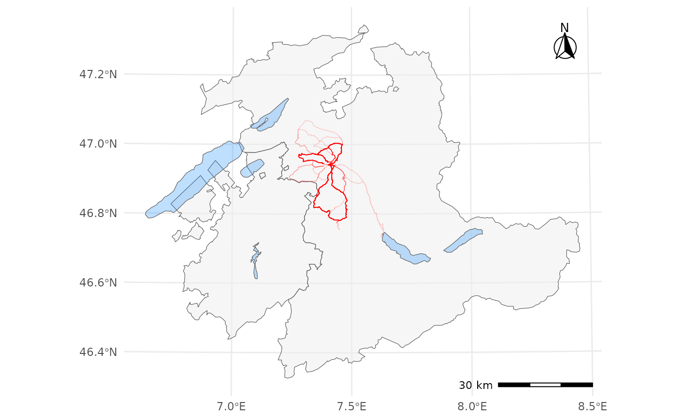 Tracks plotted on a map of cantons Berne and Fribourg